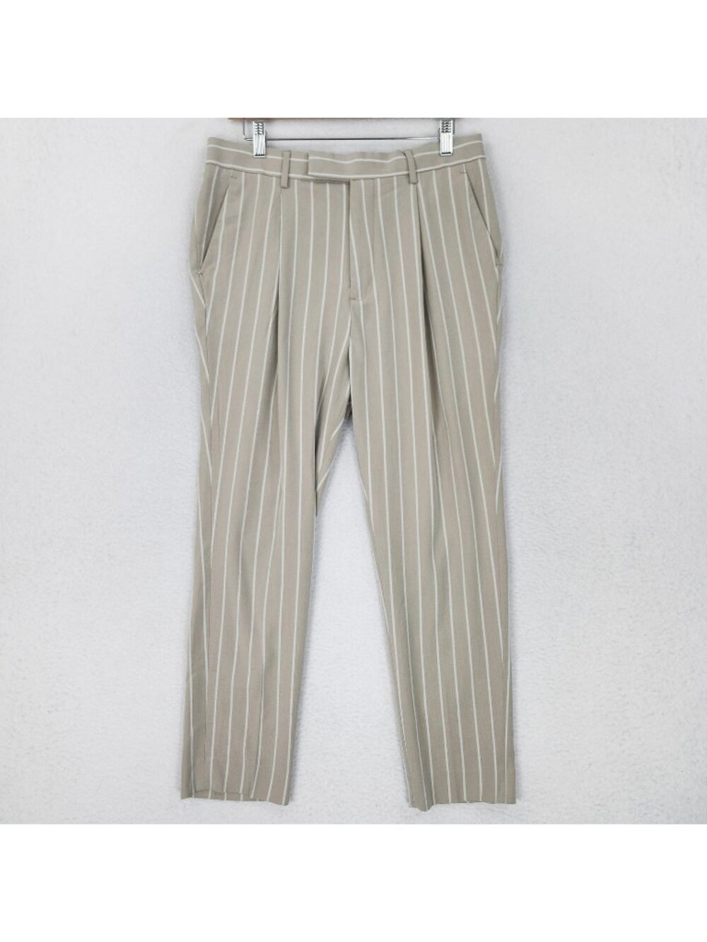 ASOS Pants Mens 33x30 Beige Slim Fit Pinstripe Tapered Design Pleated 25" Inseam